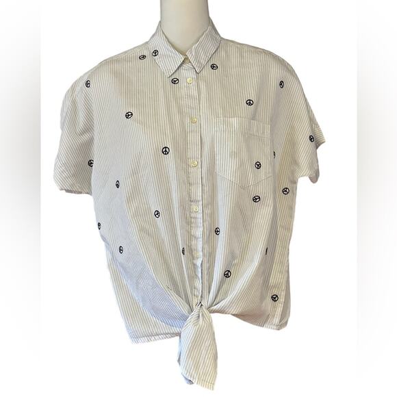 Madewell Womens XS Blue and White Striped Tie Waist Button Up Top Peace Signs - Picture 1 of 6